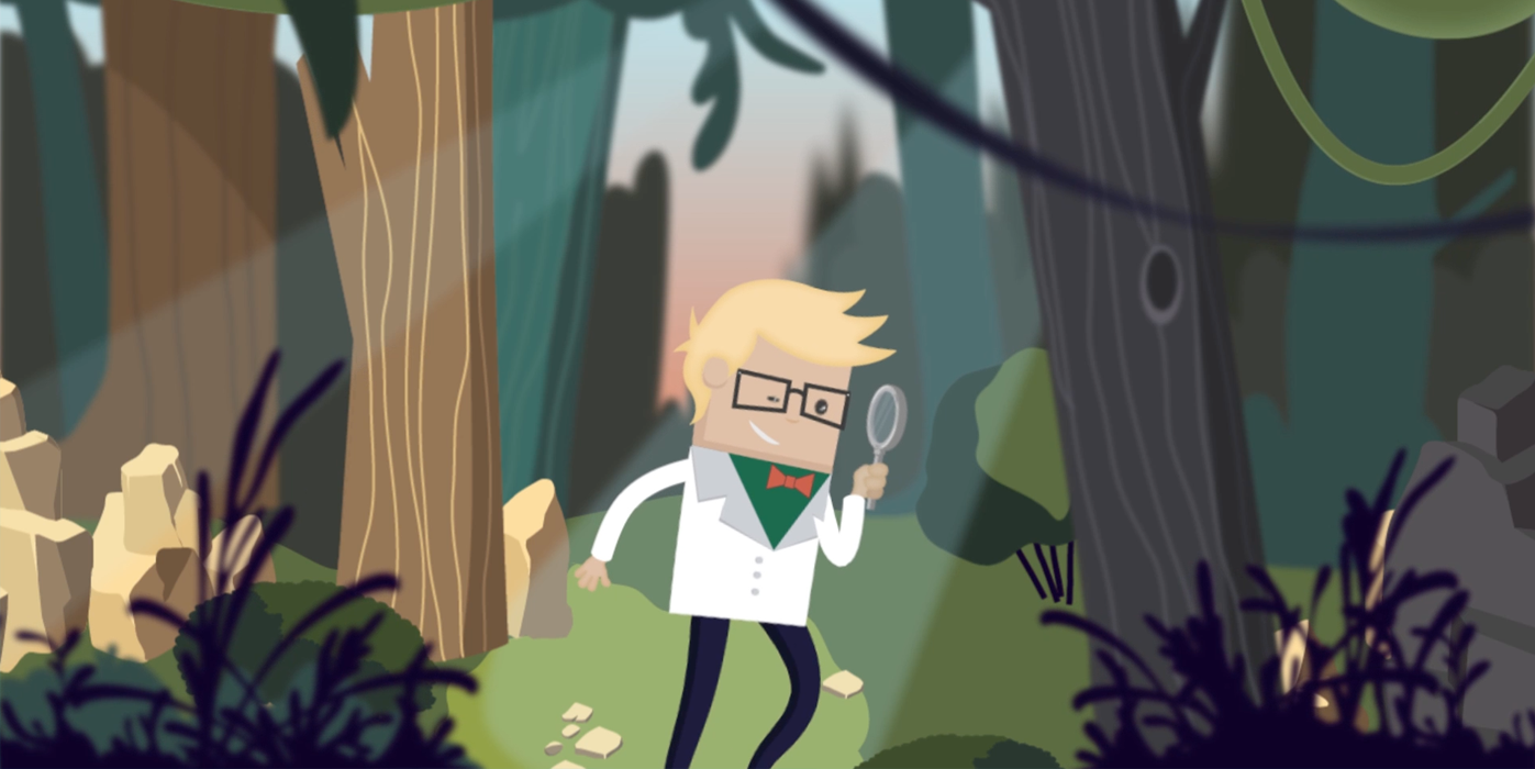 Illustrazione con omino che cammina nel bosco