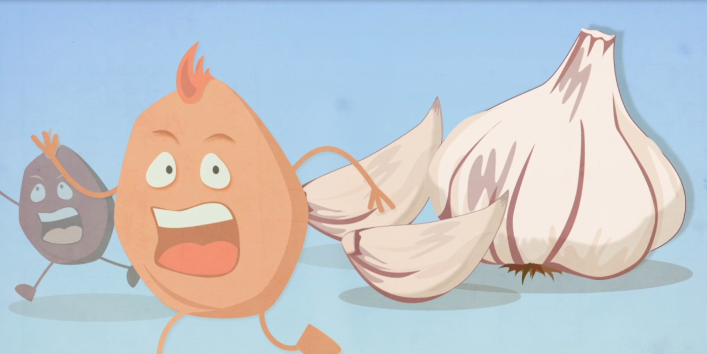 Illustrazione con psorias che scappa e aglio