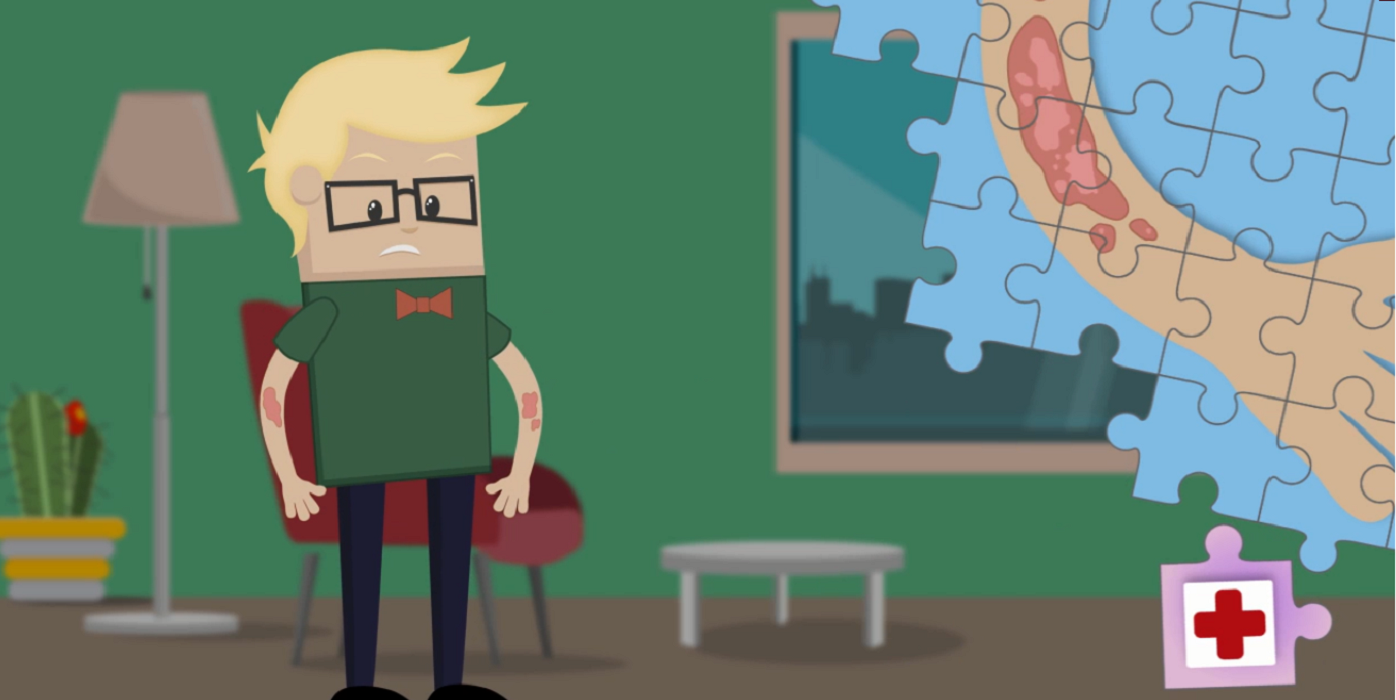 Omino illustrato con psoriasi